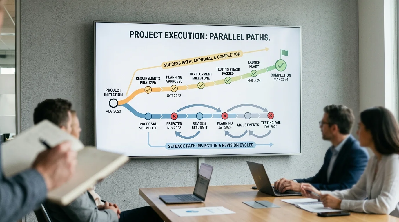HOA approval timeline showing successful path versus revision cycles