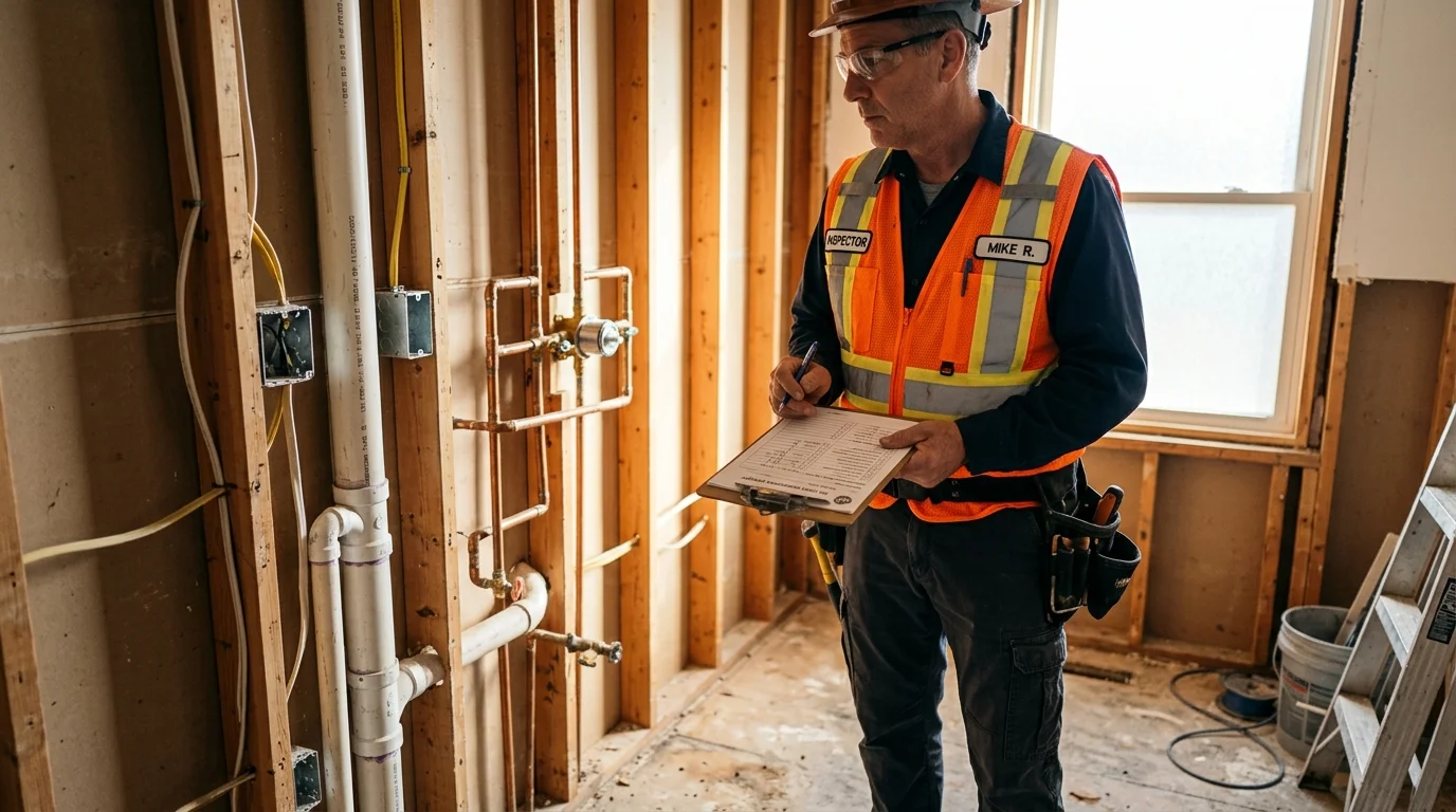 Building inspector conducting rough-in inspection of plumbing and electrical work