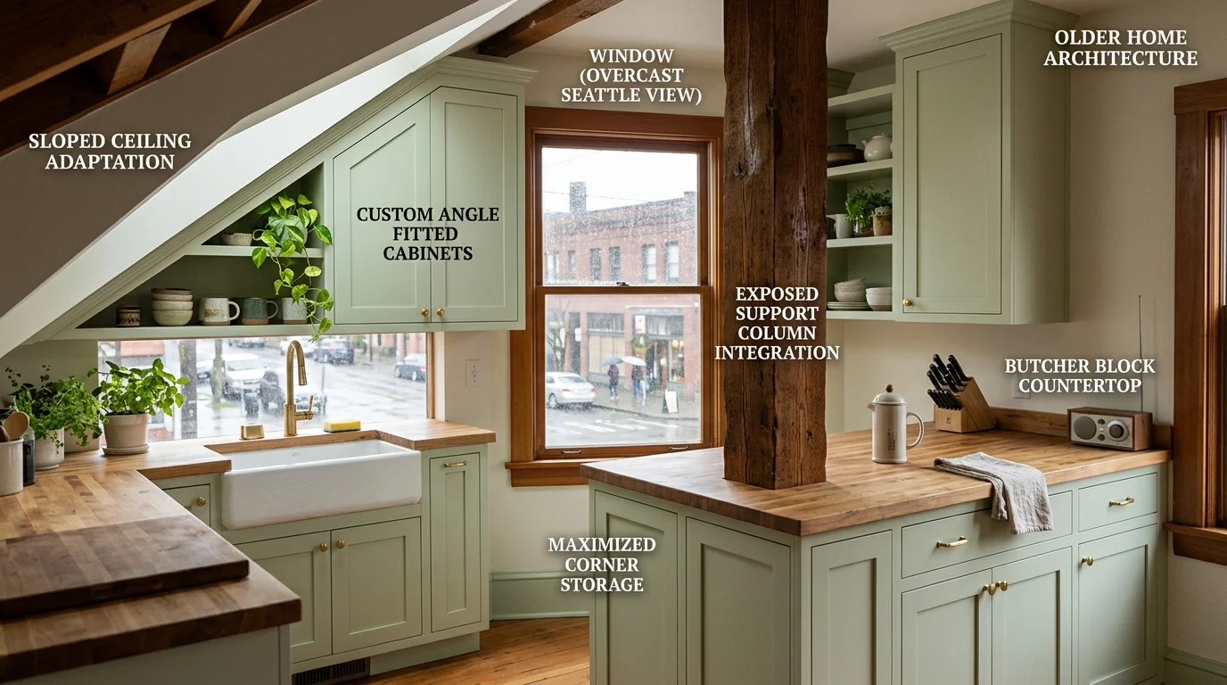 Custom cabinets precisely fitted into a Seattle kitchen with sloped ceilings and irregular walls.