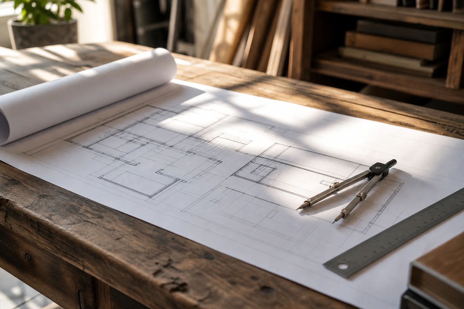 Architectural blueprint and tools symbolizing strategic kitchen layout planning