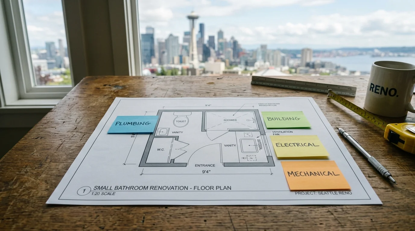 Bathroom floor plan on a desk with notes for building, plumbing, electrical, and mechanical permits