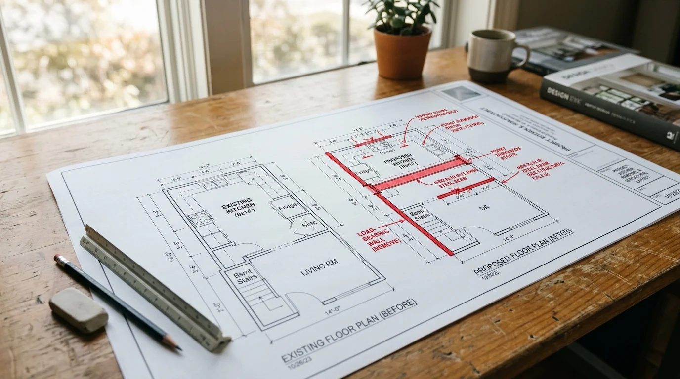 Architectural blueprint of kitchen remodel showing structural changes and load-bearing wall analysis