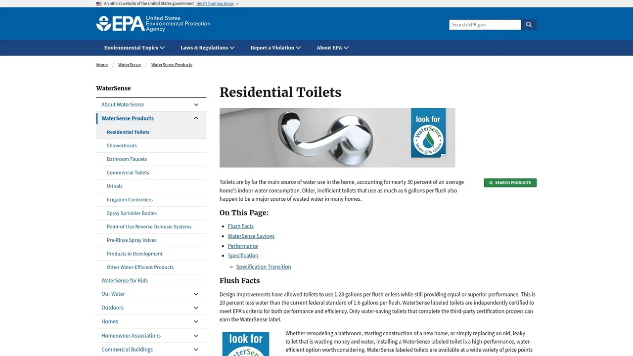 EPA WaterSense website showing certification standards for water-efficient toilets