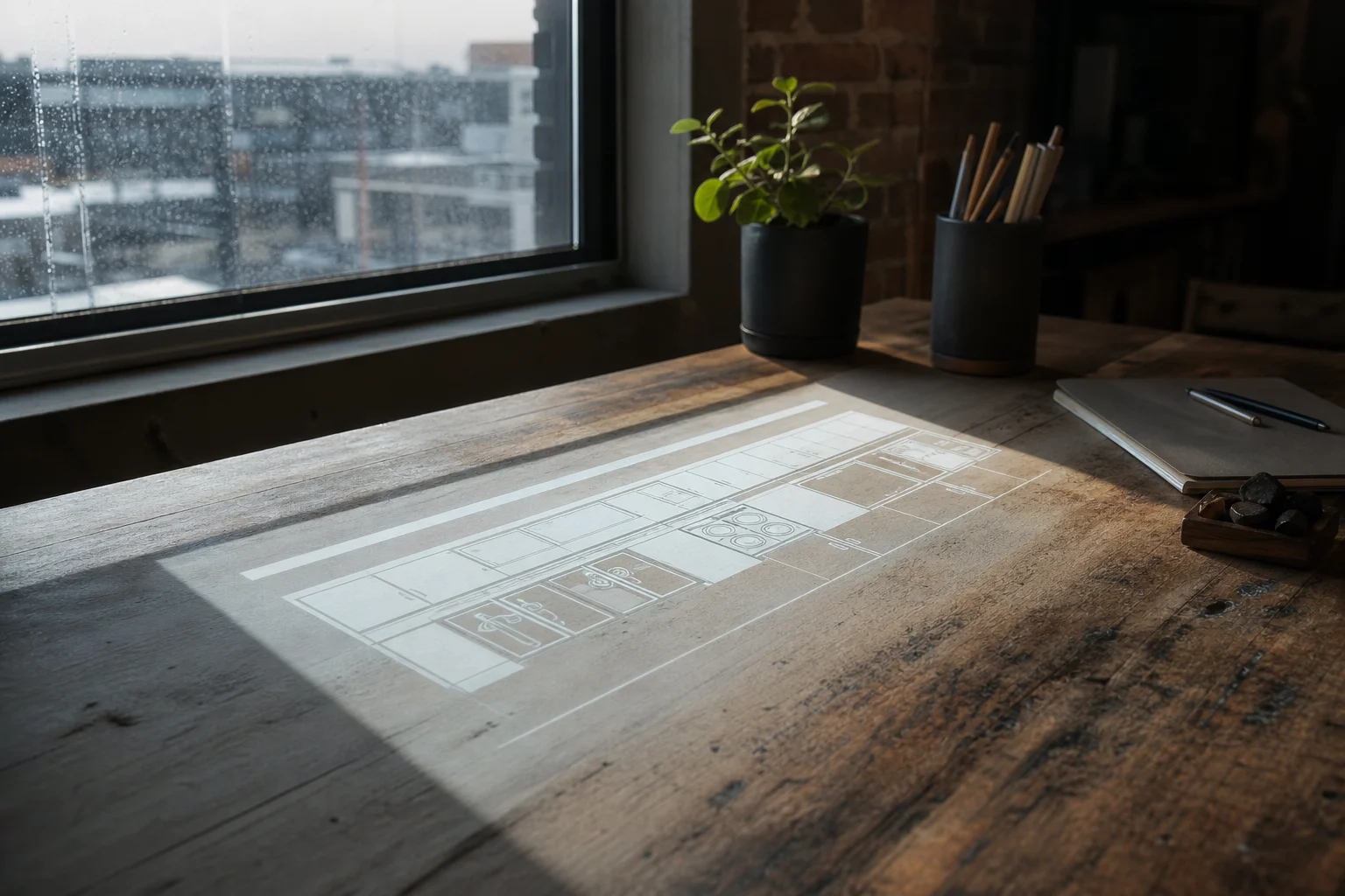 Blueprint of a galley kitchen layout on a wooden table with Seattle rain outside window