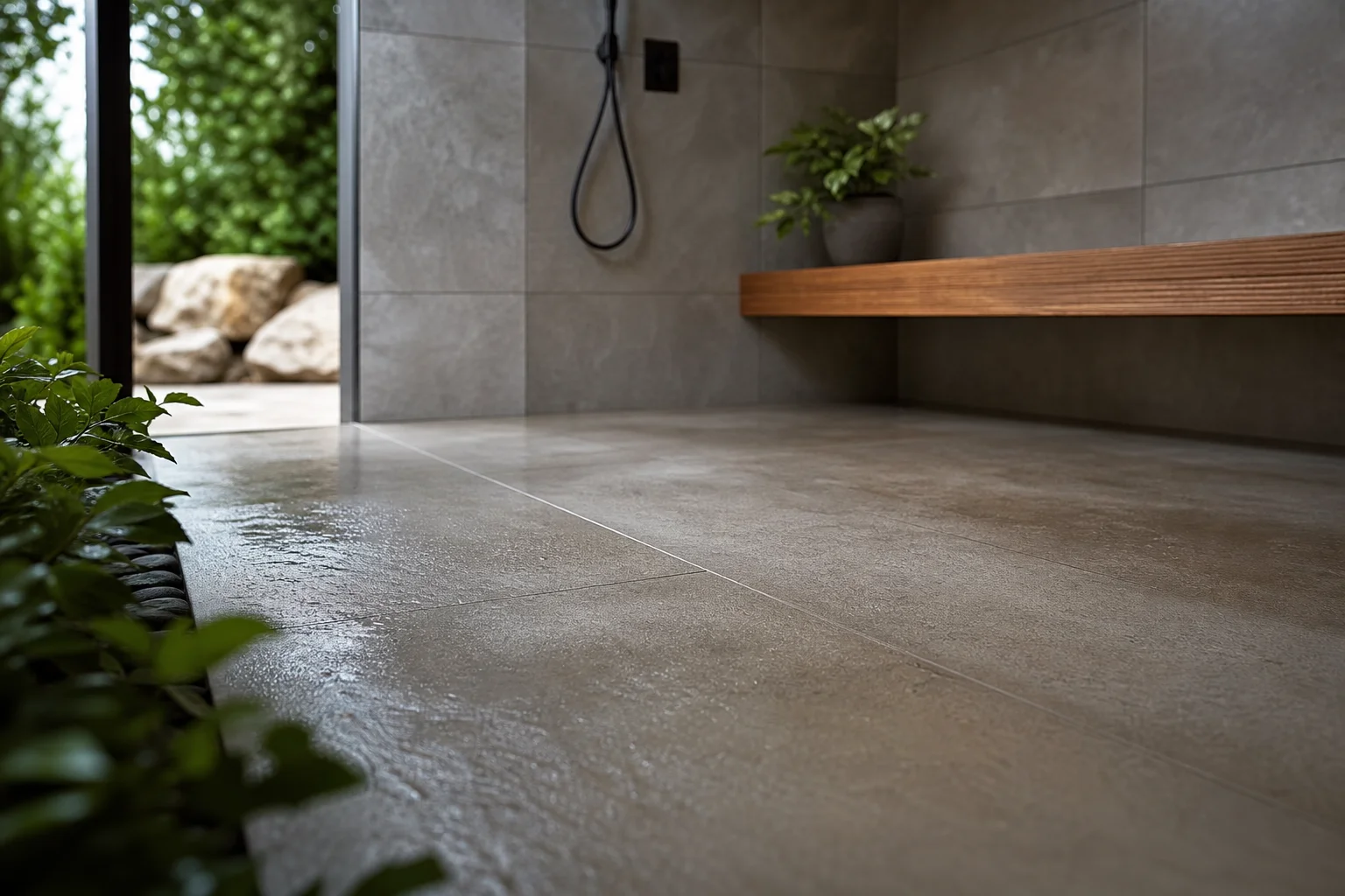 Minimalist curbless shower with built-in bench and large-format tiles