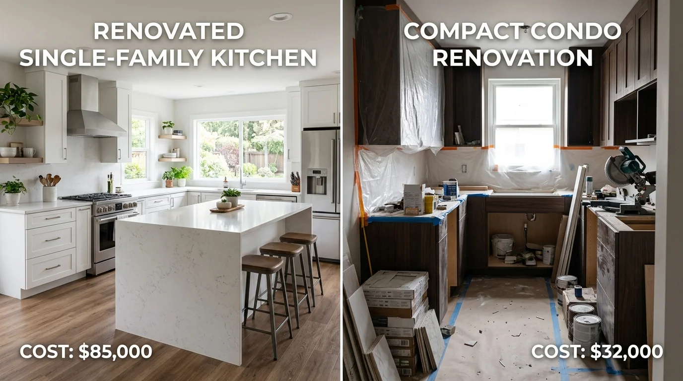 Side-by-side comparison of single-family home kitchen versus condo kitchen remodel constraints and costs