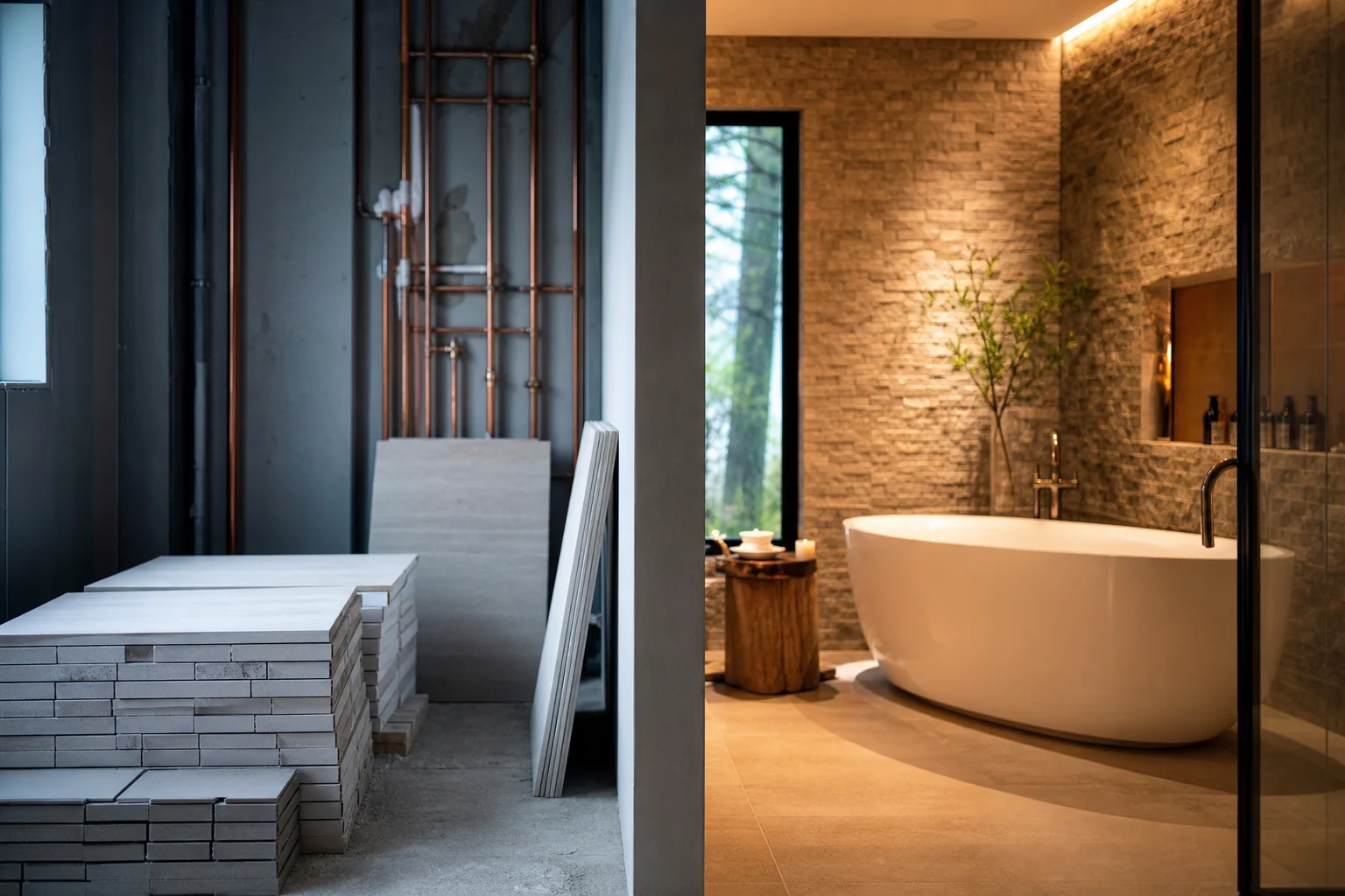 Contrasting raw materials vs. finished luxury bathroom in Kirkland remodel