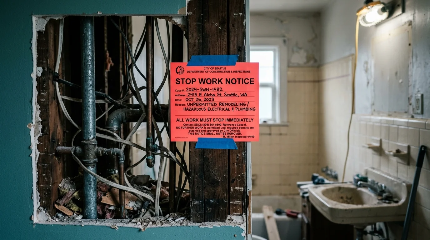 Bathroom with exposed studs and a stop-work notice posted